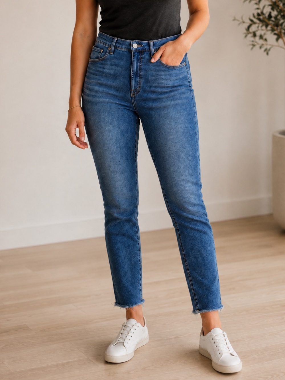 EVERLANE Curvy High Rise Skinny Jeans Raw Hem Ankle Crop Stretch Blue 31